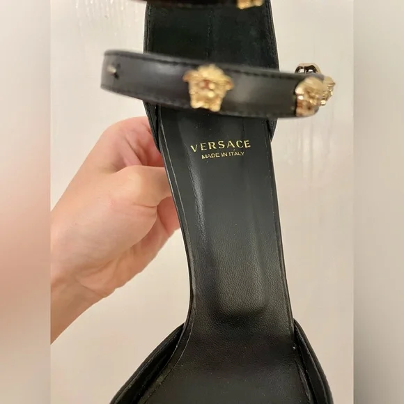 VERSACE Stiletto Medusa Black Gold Sandal Heels Ankle Strap